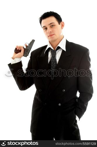man with a gun over white background