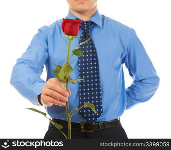 man with a red rose. Isolated on white background