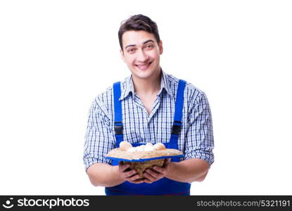 Man with a straw hat and eggs