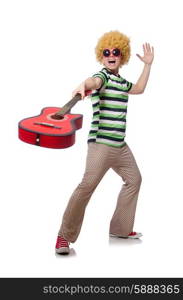 Man with afro wig with guitar on white