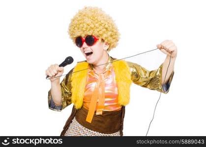 Man with afrocut and mic isolated on white