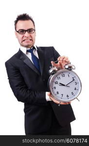 Man with alarm clock isolated on white