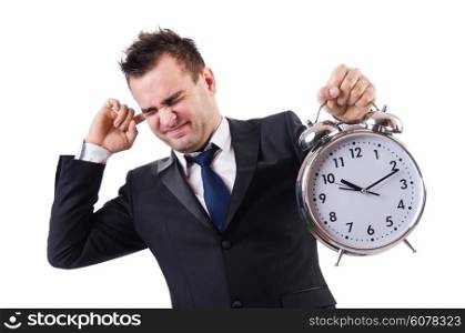 Man with alarm clock isolated on white