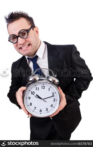 Man with alarm clock isolated on white
