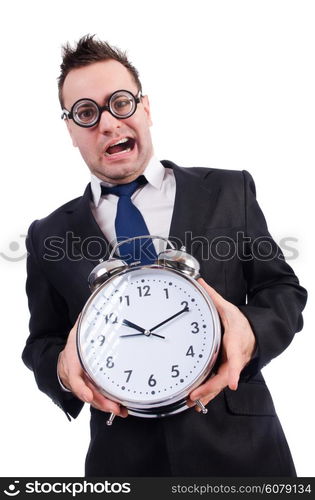 Man with alarm clock isolated on white