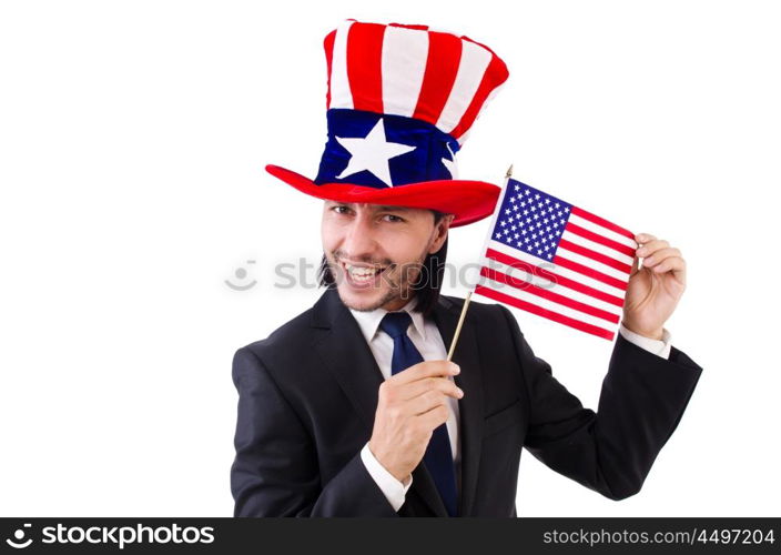 Man with american flag isolated on white