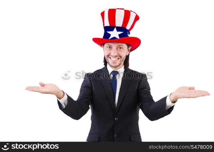 Man with american flag isolated on white