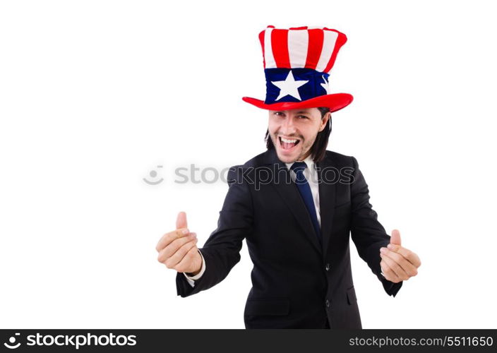 Man with american flag isolated on white