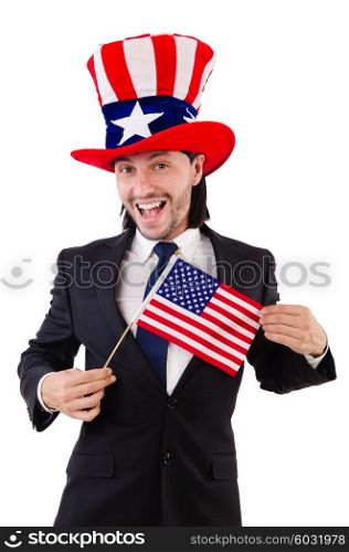 Man with american flag isolated on white