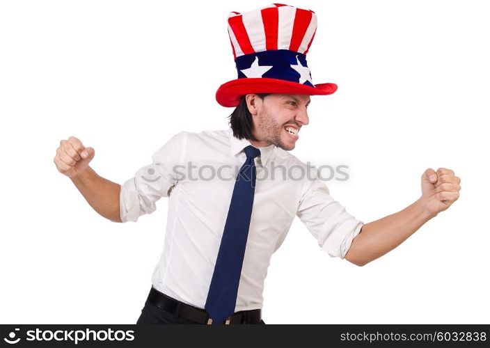 Man with american flag isolated on white