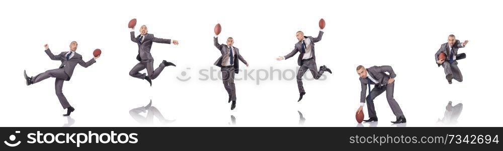 Man with american football ball isolated on white