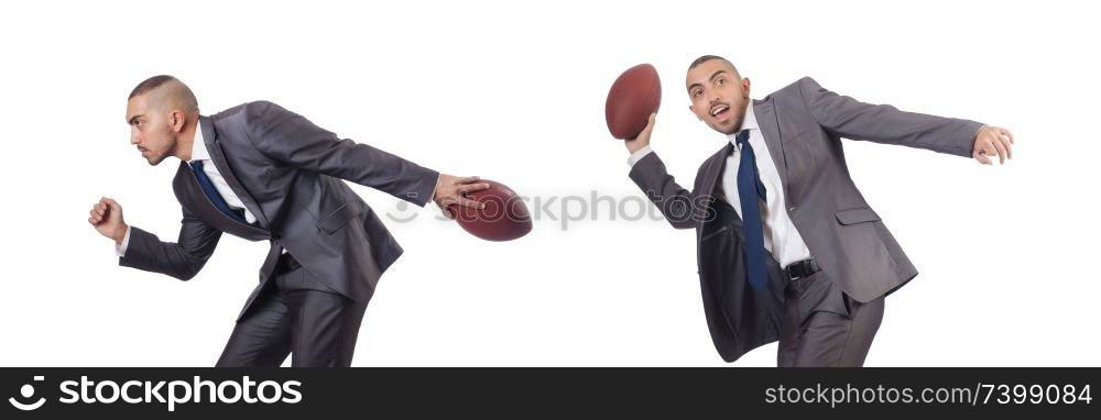 Man with american football ball isolated on white