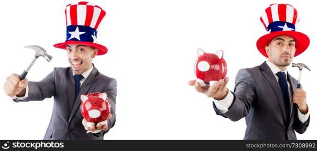 Man with american hat and piggybank and hummer 