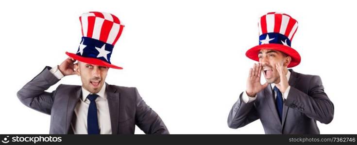 Man with american hat isolated on white 