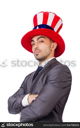 Man with american hat on white