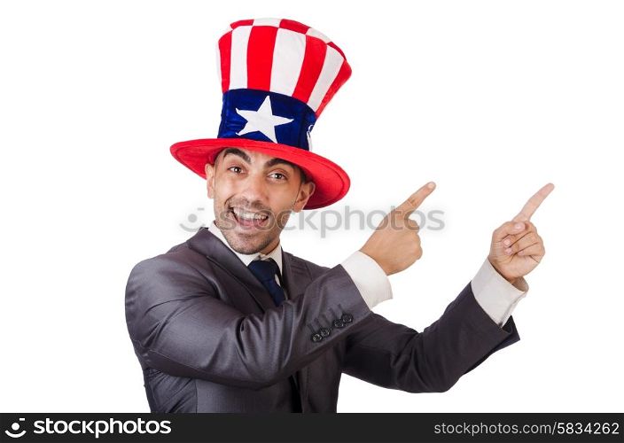 Man with american hat on white