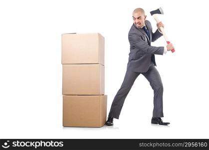 Man with axe and boxes on white