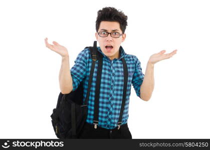 Man with backpack isolated on white