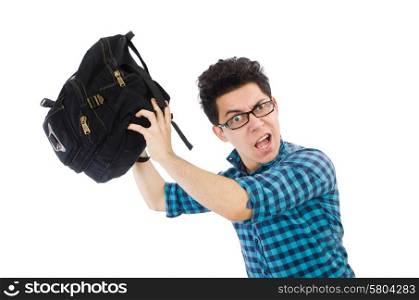 Man with backpack isolated on white