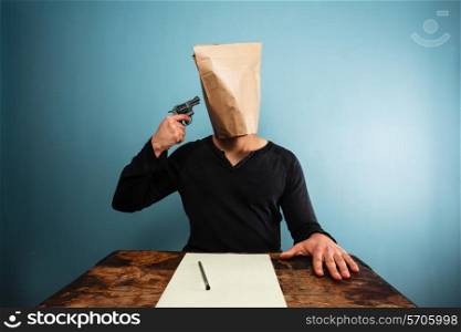 MAn with bag over his head is committing suicide