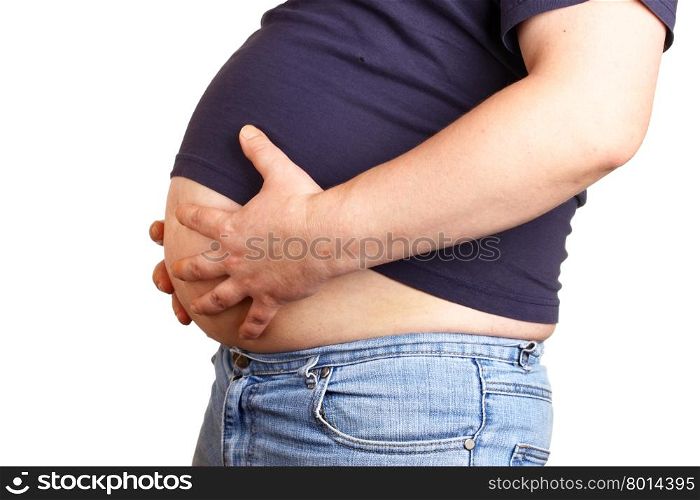 Man with beer belly isolated over white baclground