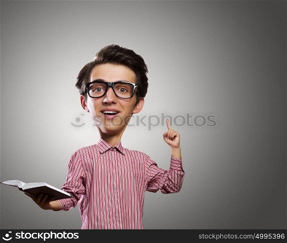 Man with big head. Young funny man in glasses with big head