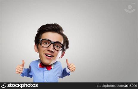 Man with big head. Young funny man with big head showing thumbs up