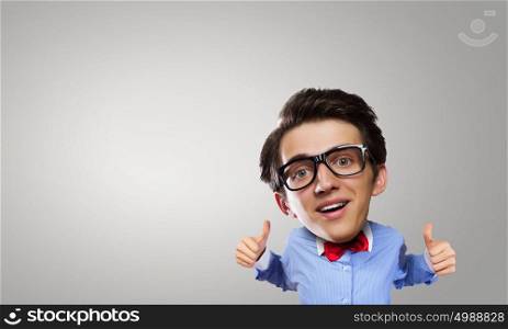 Man with big head. Young funny man with big head showing thumbs up