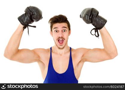 Man with black boxing gloves isolated on white background.