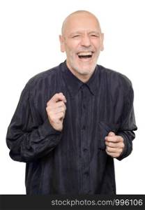 Man with black silk shirt laughing out loud, isolated on white background