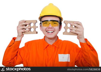 Man with brick isolated on white