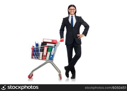 Man with business folders isolated on white