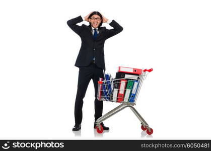 Man with business folders isolated on white