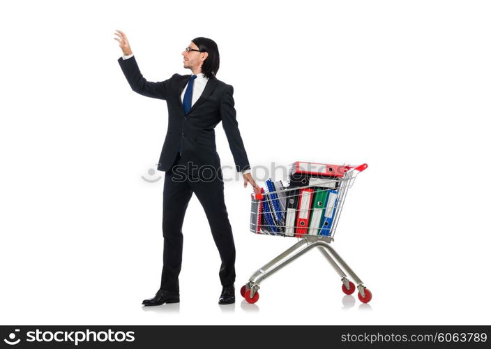 Man with business folders isolated on white