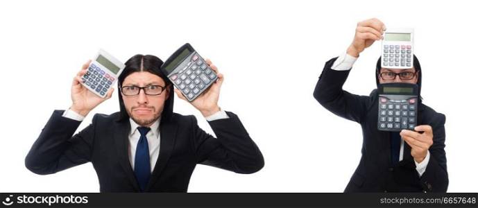 Man with calculator isolated on white
