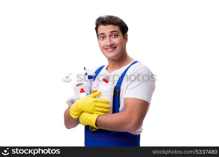 Man with cleaning agents isolated on white background