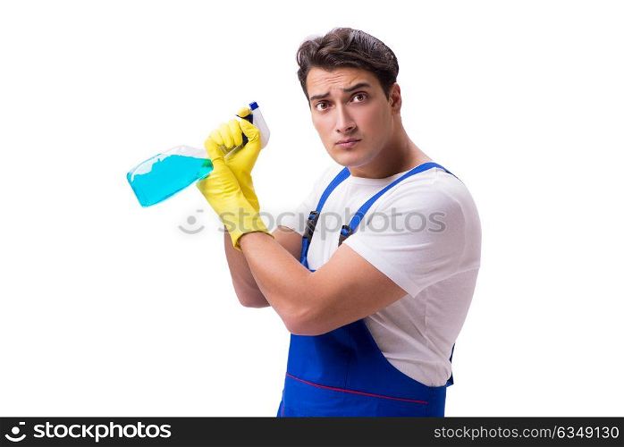 Man with cleaning agents isolated on white background