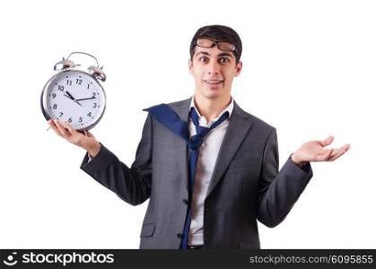 Man with clock afraid to miss deadline isolated on white