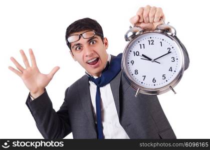 Man with clock afraid to miss deadline isolated on white