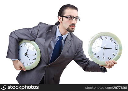 Man with clock isolated on white