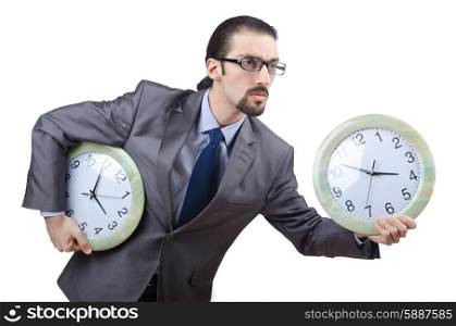 Man with clock isolated on white