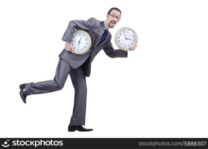 Man with clock isolated on white