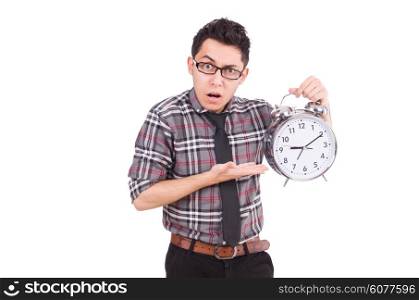 Man with clock trying to meet the deadline isolated on white