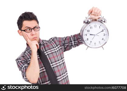 Man with clock trying to meet the deadline isolated on white