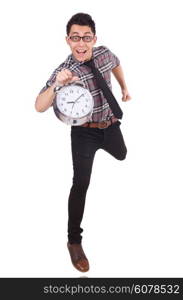 Man with clock trying to meet the deadline isolated on white