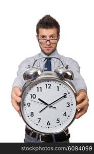 Man with clock trying to meet the deadline isolated on white