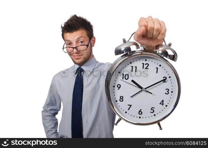 Man with clock trying to meet the deadline isolated on white