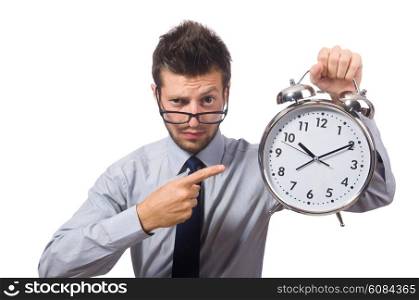 Man with clock trying to meet the deadline isolated on white