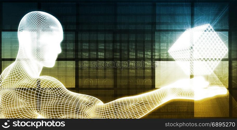 Man with Digital Cube Puzzle on Technology Abstract Background. Man with Digital Cube