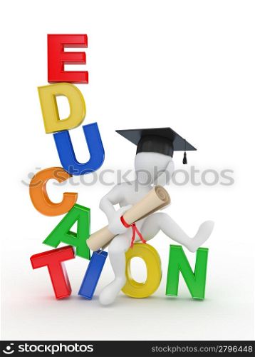 Man with diploma on text education. 3d